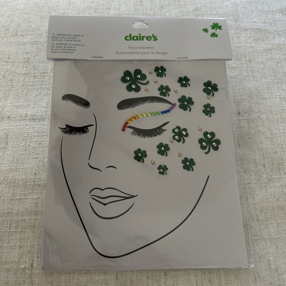 Claire’s Face Stickers St. Patricks sheet of glittery shamrocks and a rainbow.