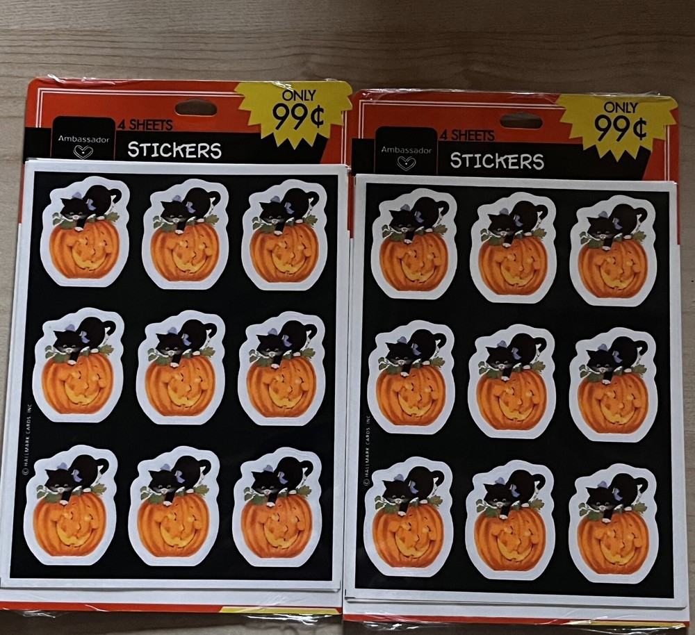 2 NEW Packs Vintage HALLMARK Stickers 8 Sheets Black Cats Jack o Lantern holiday