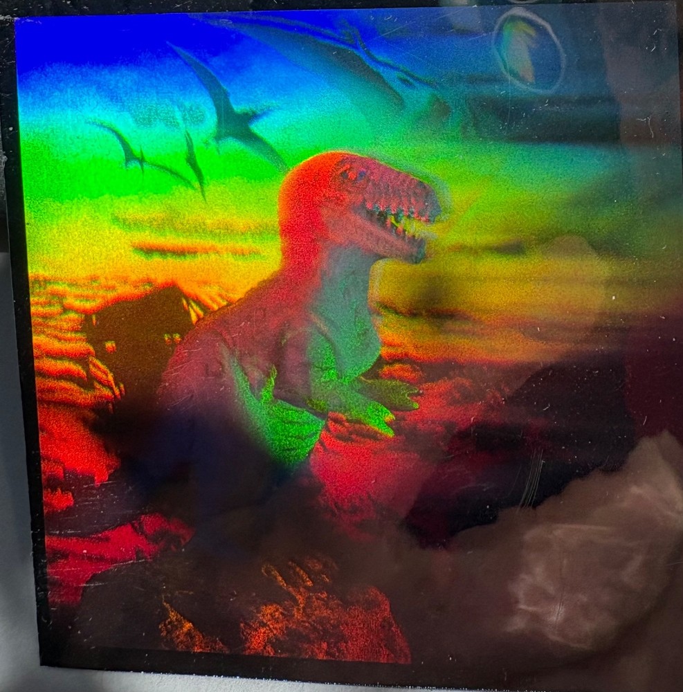 1992 HOLO T-REX STICKER with PTERODACTYL in BACKGROUND-GREAT DEPTH-GREAT COLORS