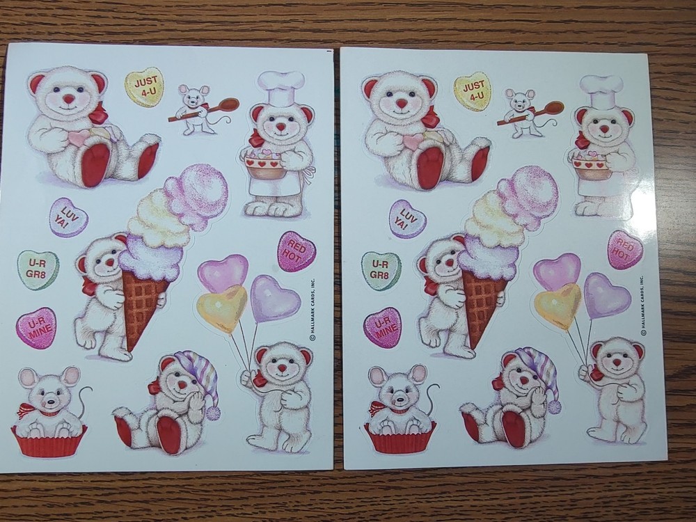 Vintage Hallmark Valentine Bear Stickers 2 Full Sheets Mouse Mice Hearts S295