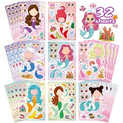 32 Mermaid Make a Face Stickers Sheets Kids DIY Art Craft Party Favors Activity