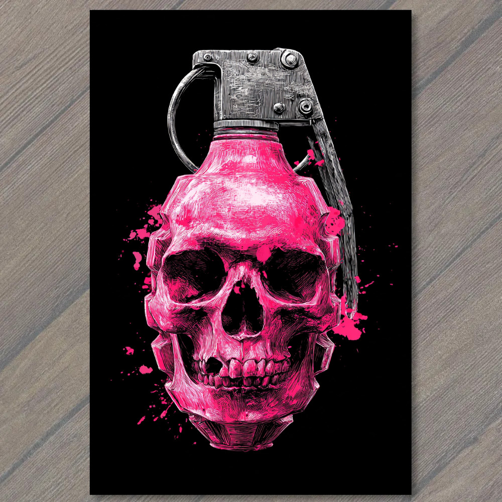 STICKER Vibrant Pink Skull Grenade Gothic Punk Weapon Dark