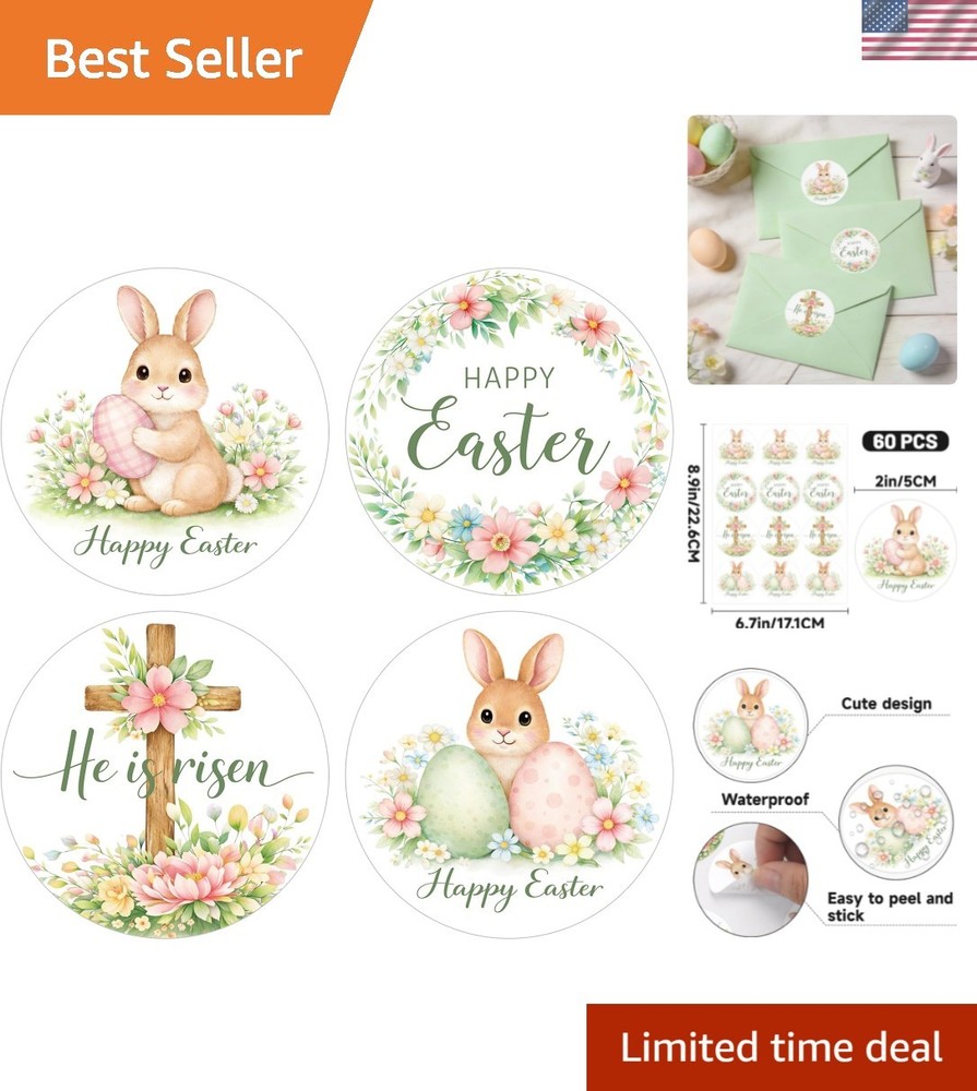 Happy Easter Stickers Religious Easter Bunny Egg Stickers 2 Inch 60Pcs Large …