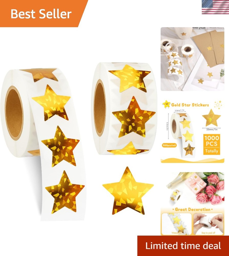 1000 pcs Star Stickers for Kids Reward, 1 inch Holographic Gold Stars Sticker…