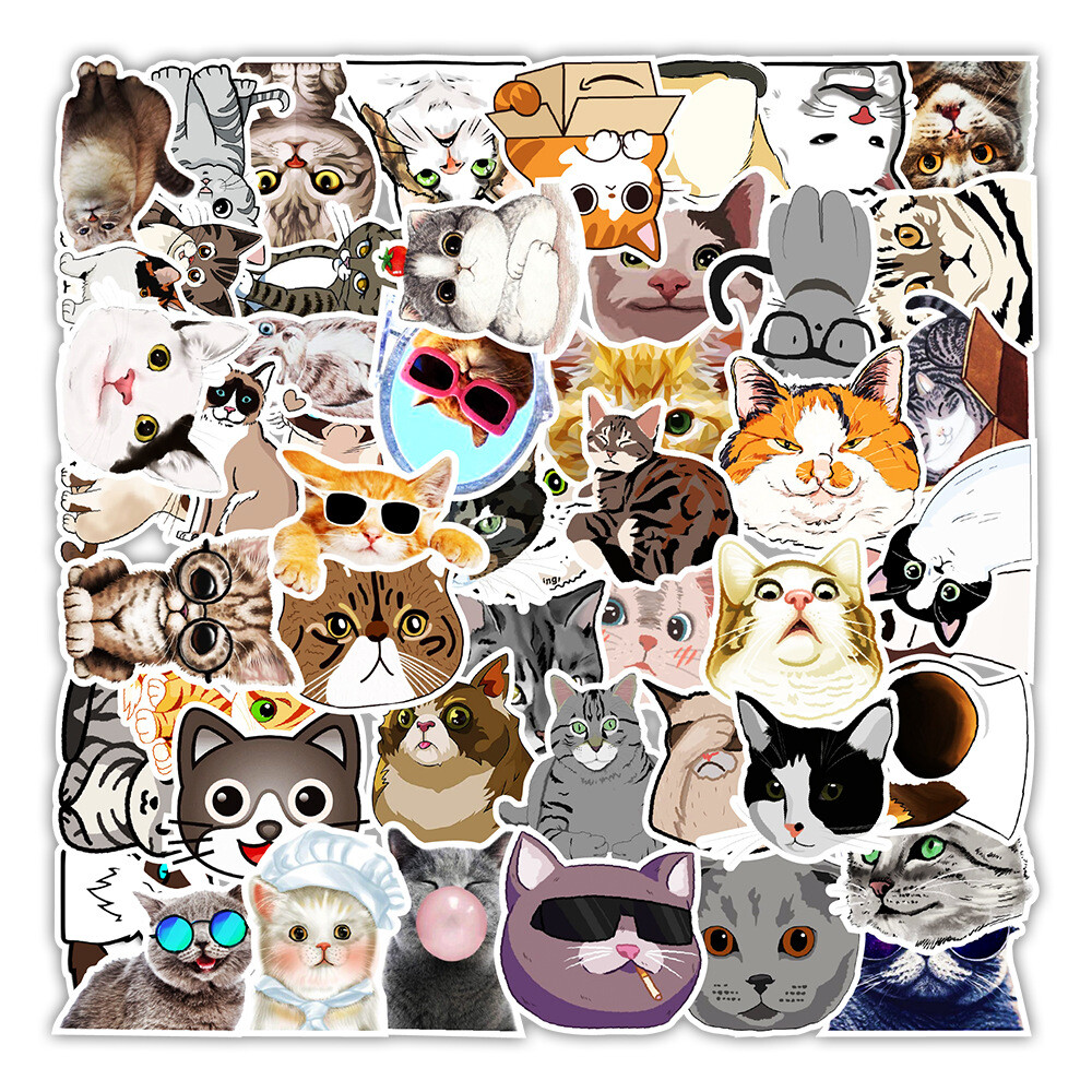 50 Pcs Cat Stickers Kitty Animal Cute Sticker Kids Boys Girls