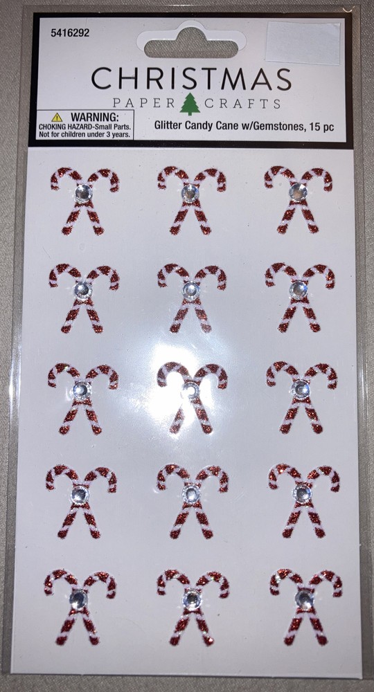 10 HL Christmas Papercraft Glitter Candy Cane w/Rhinestone Sticker Packs
