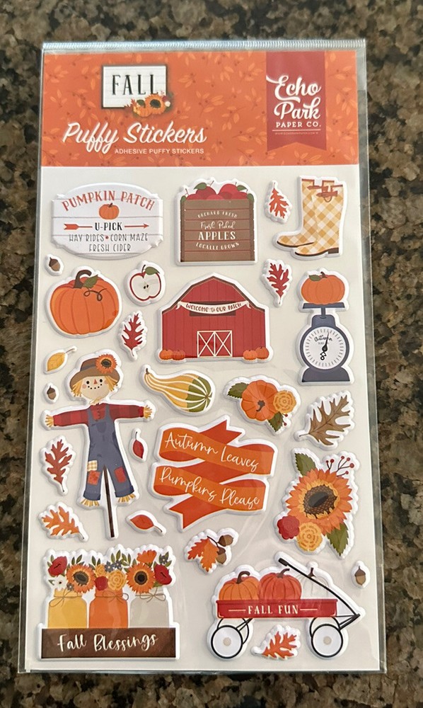 Echo Park FALL Adhesive Puffy Stickers NEW Pumpkins Leaves Scarecrow Apples Jars
