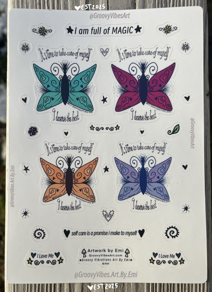 Butterfly Floral Sticker Sheet – Self Care – Artist Sticker Sheet – INDOOR USE