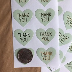 50 Heart Thank You Stickers On Glossy Mint Paper With Gold Lettering