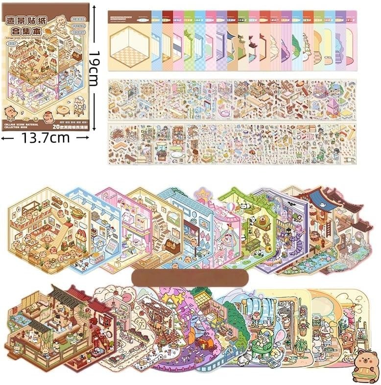 40 Sets DIY 3D Sticker Scene Collection Book, Miniature Cute Cartoon Animal Stic