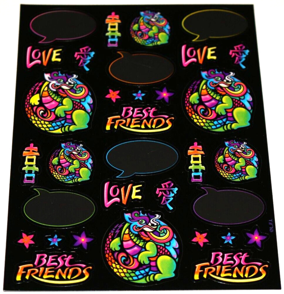 VINTAGE RARE LISA FRANK BLACK DREAM WRITERS STICKER SHEET ASIAN DRAGONS FLOWERS+