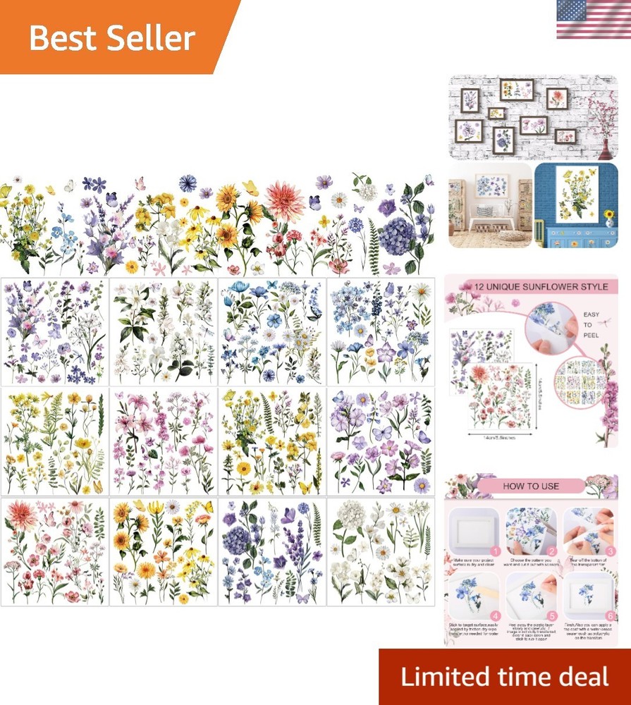 Creative 12-Piece Fresh Flower Rub-On Transfers for DIY Décor – 5.5 x 5.7 Inches