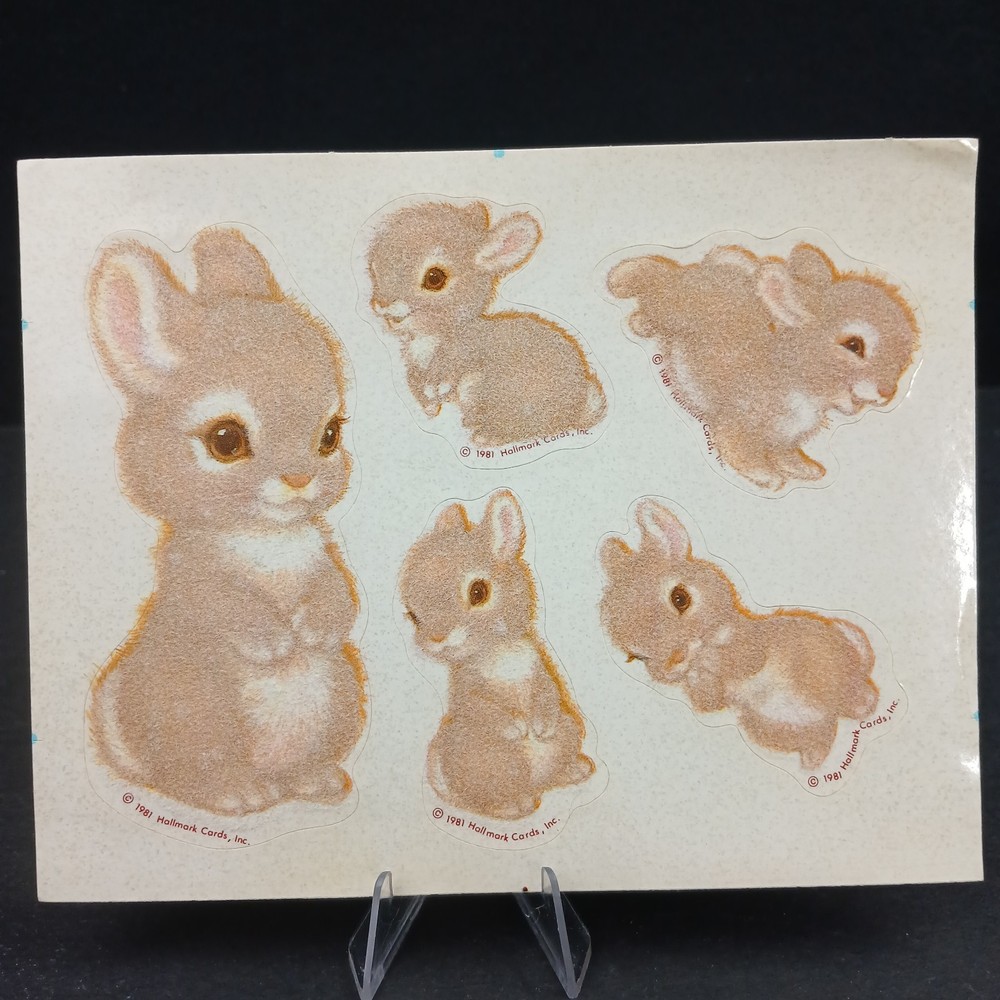Vintage 1980s Fuzzy Flocked Stickers Baby Bunny Rabbits Hallmark Cards 1 Sheet