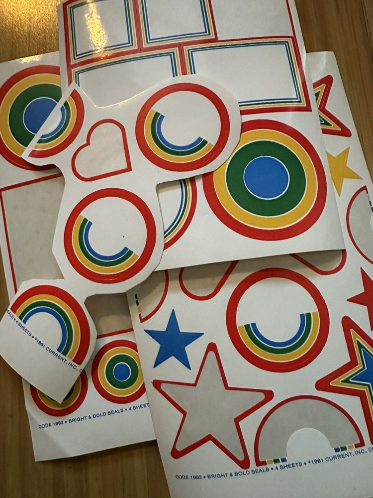 Lot Vintage 1981 Current Bright & Bold Seals Stickers Rainbow Star Heart Circle