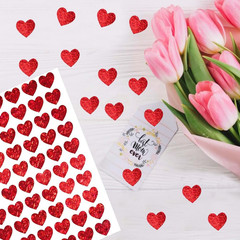 10 Heart-Shaped Stickers – Red Holographic Glittering Little Decals for Crafts