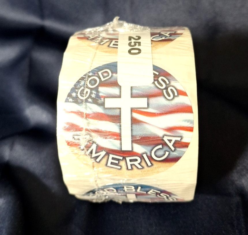 God Bless America Cross Flag Sticker Roll 250 Count Sealed Christian Patriotic