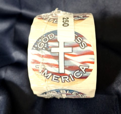 God Bless America Cross Flag Sticker Roll 250 Count Sealed Christian Patriotic