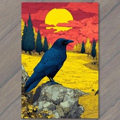 STICKER Raven Crimson Sky Golden Sun Yellow Meadow Dark Forest Rock Perch