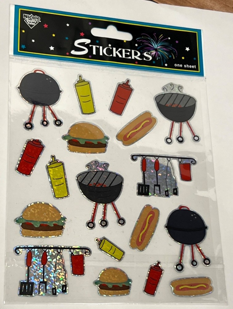 NICOLE STK173 COOK OUT SET OF HOLOGRAPHIC STICKERS GRILL BURGER MUSTARD HOT DOG