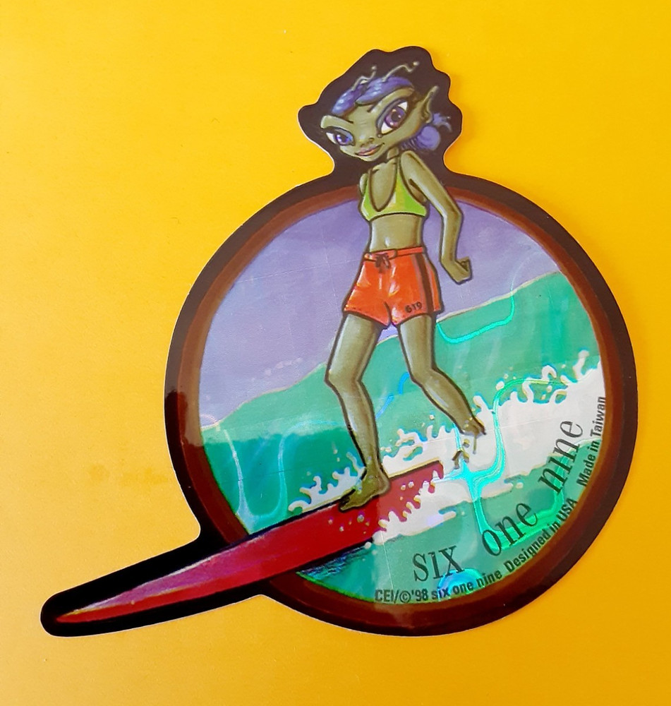 vintage CEI hologram alien surfing vending machine sticker