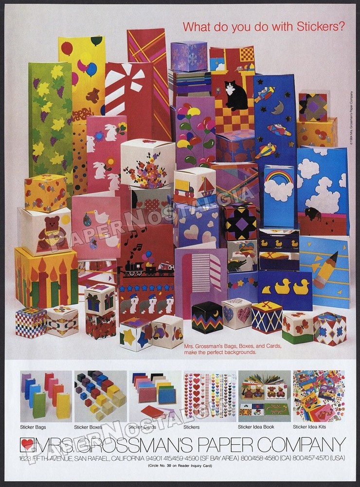 MRS. GROSSMAN’s PAPER COMPANY – Original 1984 Trade AD/ ADVERT_ Sticker products
