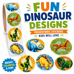 500 Dinosaur Stickers 1.5″ Roll Prehistoric T Rex Party Favors Classroom