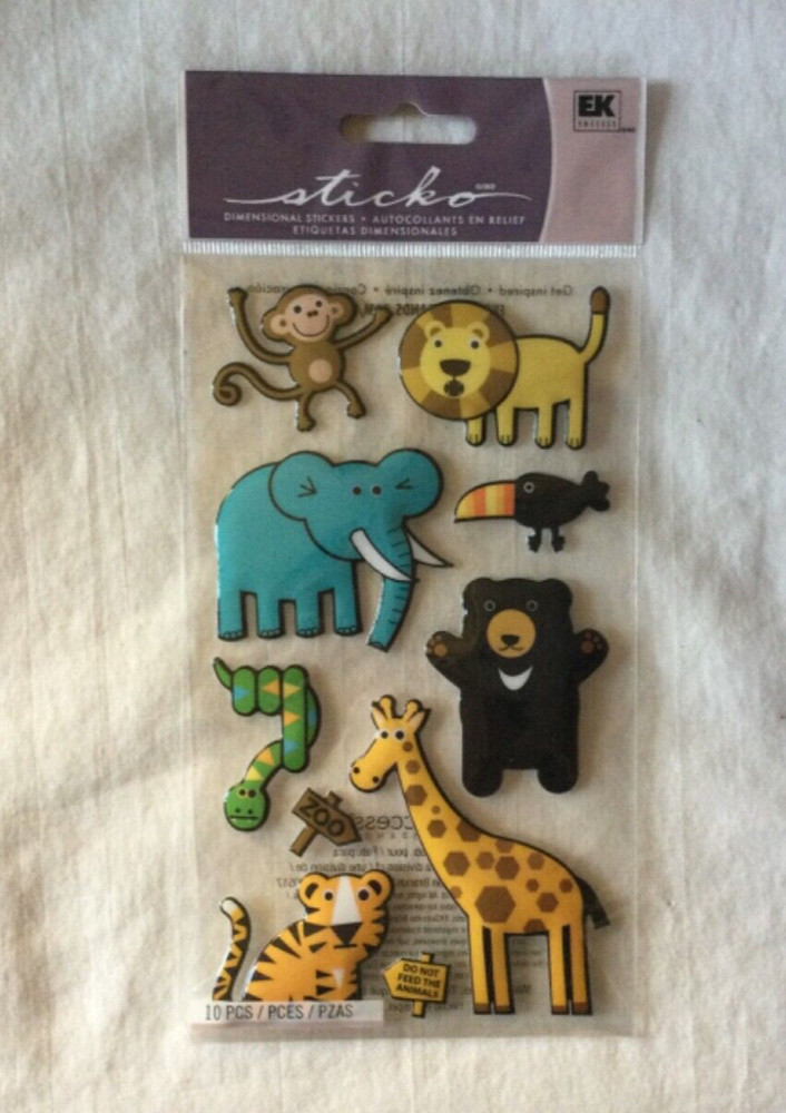 NEW Sticko Dimensional Stickers – Zoo Animals – 10 Pieces – Monkey Giraffe Lion