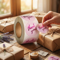 500 Pcs Thank You Stickers – 1.5 Inch Pink round Labels with Purple Foil Script