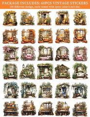 60PCS Vintage Scrapbooking Supplies, Flower Window Scrapbook Stickers Aesthetic