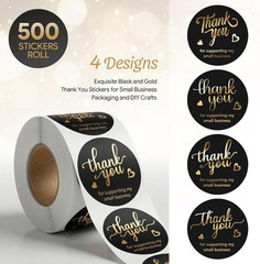 500Pcs Black Thank You Stickers Roll – 4 Gold Foil Font Designs, 1.5 Inch Thank