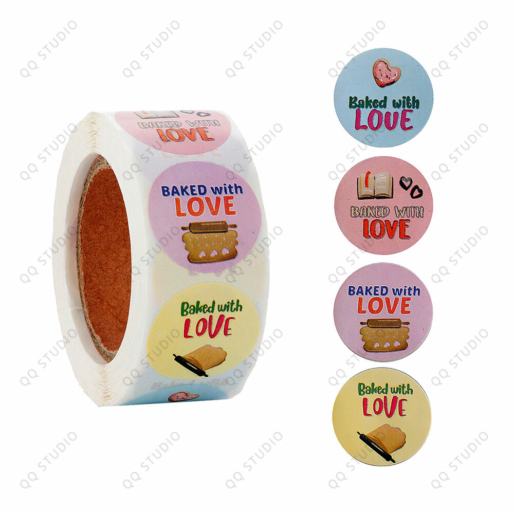 500pcs 1in Baked with Love Stickers Round Shaped Chrome Paper For Bakery Cafe