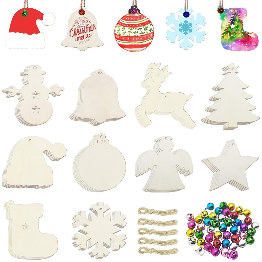 ricluck 50PCS Unfinished Wooden Christmas Ornaments, 10 Styles Unfinished Cra…
