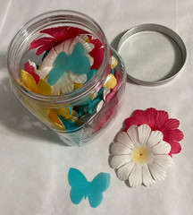Jar of 45+ Assorted Die Cut Flowers and Butterflies, Paper and Cloth