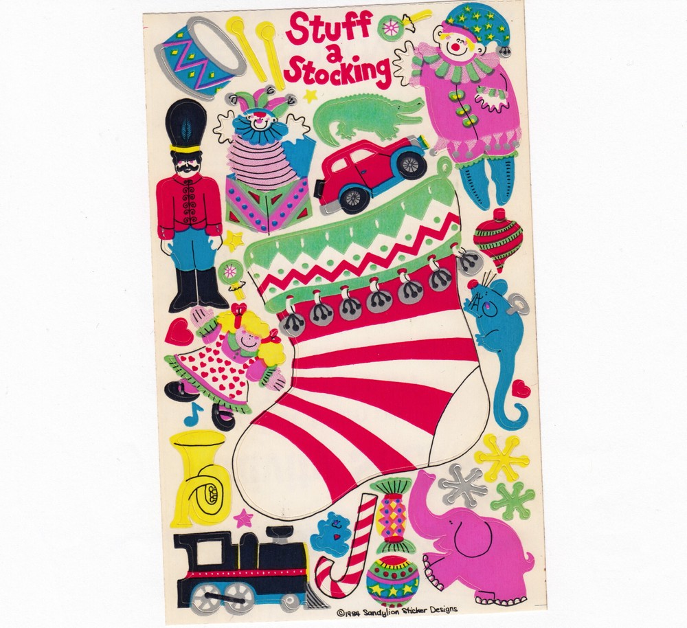 Rare Vtg 80s Maxi Activity Sticker Sheet Sandylion Christmas Stuff A Stocking