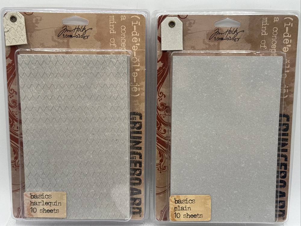Lot 2 Tim Holtz idea-ology Grungeboard Basics 10 Sheets Gray Harlequin & Plain