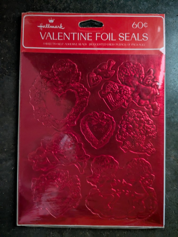 Vintage Hallmark FOIL Stickers Embossed Cupids Hearts Shiny Valentines Day MINT