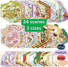 24 Scenes – DIY 3D Sticker Scene Kit, 3 Scene Sizes (S,M,L) With Tweezers
