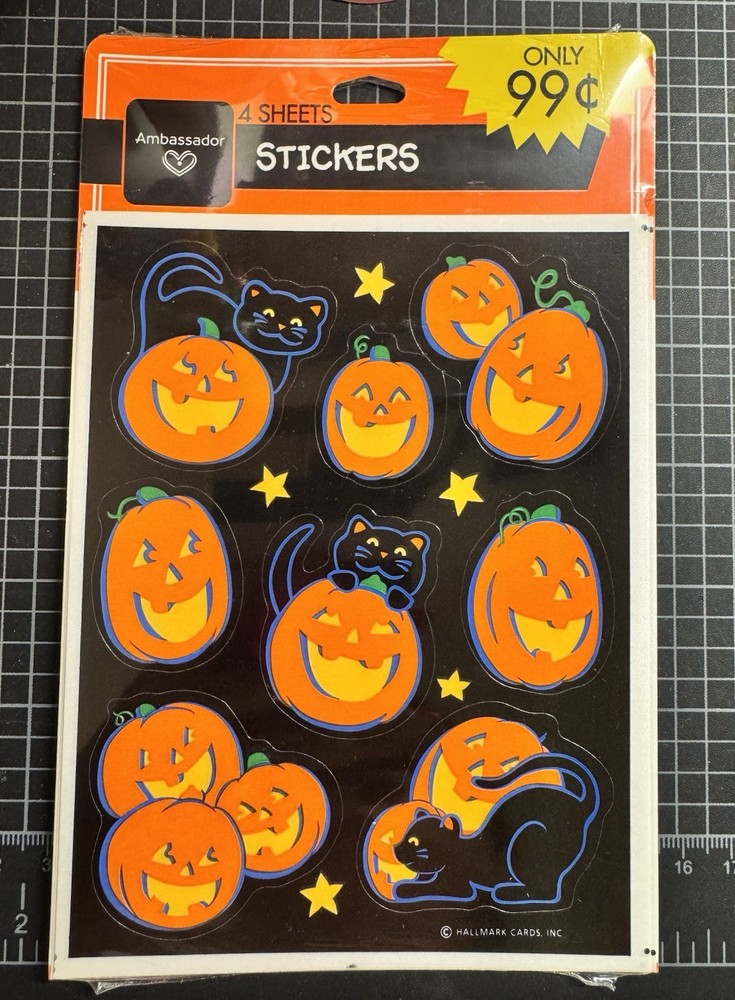 Vintage 1999 Sealed Hallmark Halloween Sticker Pack Pumpkins & Black Cats 4 Shts