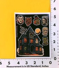 Halloween Haunted House & Monsters Sticker Sheet Witch Vamp Zombie Frank Wolf