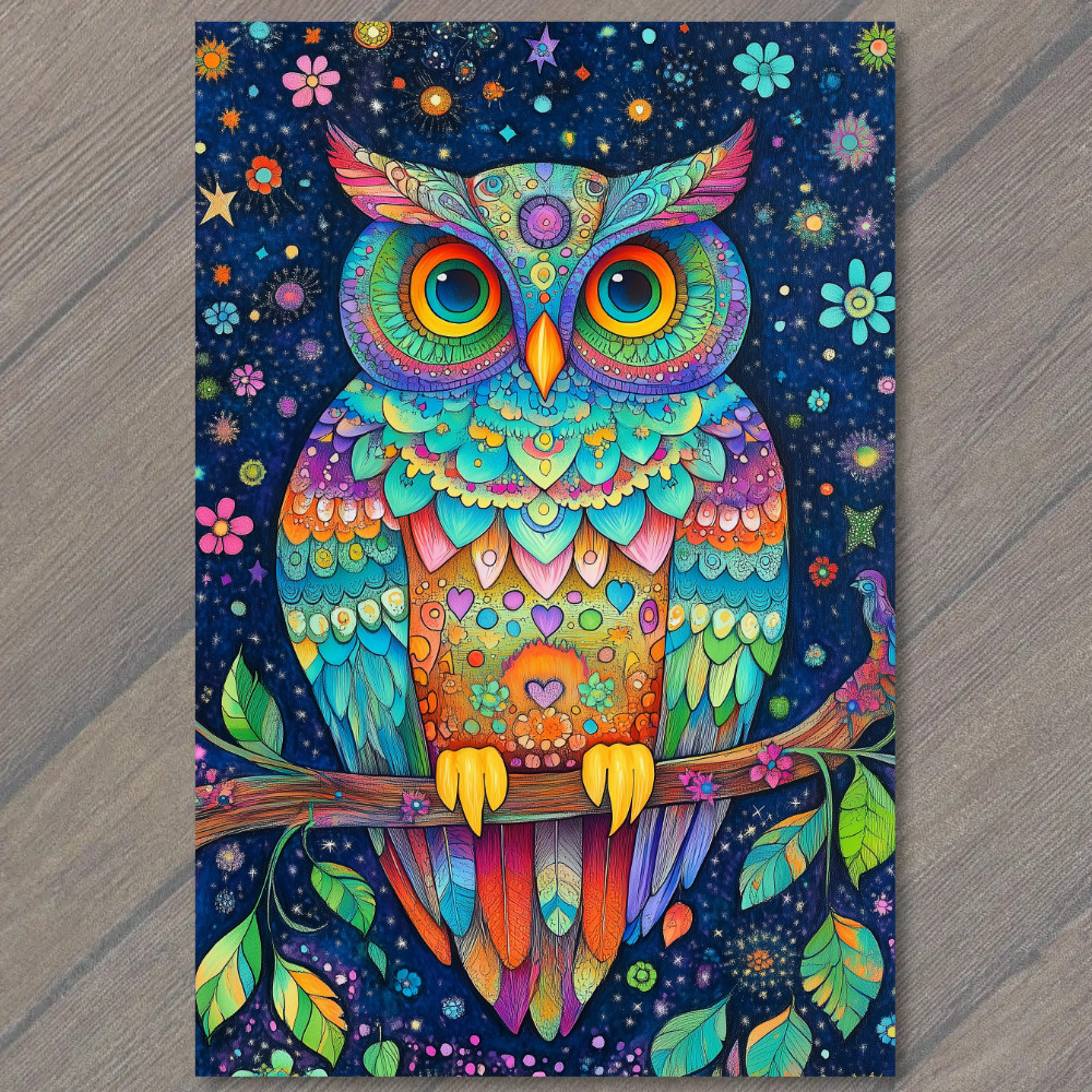 STICKER Psychedelic Owl Hearts Stars Rainbow Leaves Trippy Forest Night Sky Fa