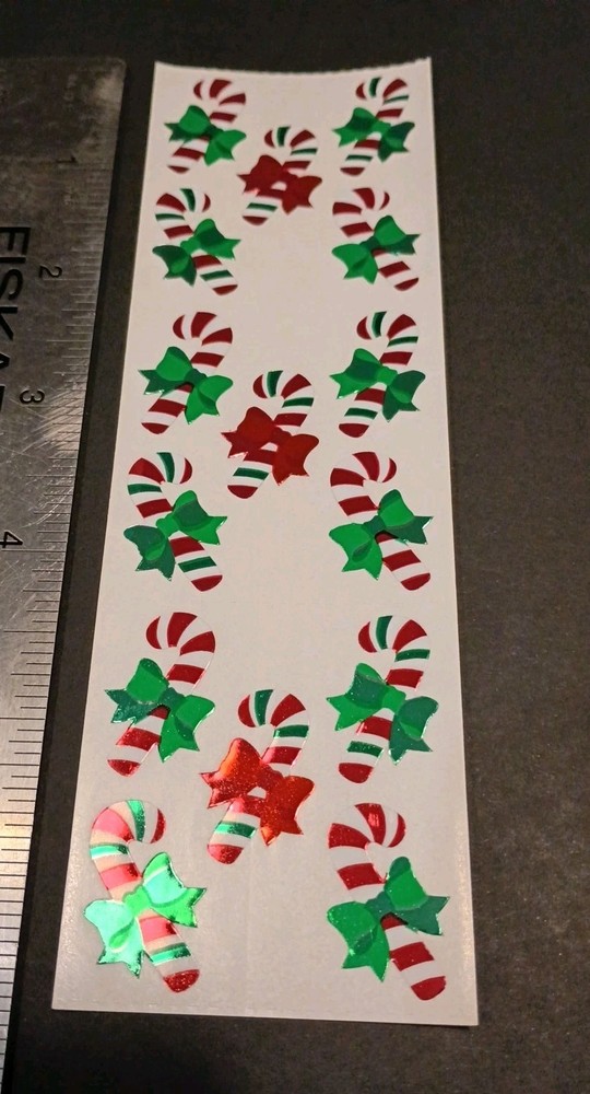 Vintage Stickers Sandylion Foil Mylar Ribbon Bow Candy Canes Sticker Strip