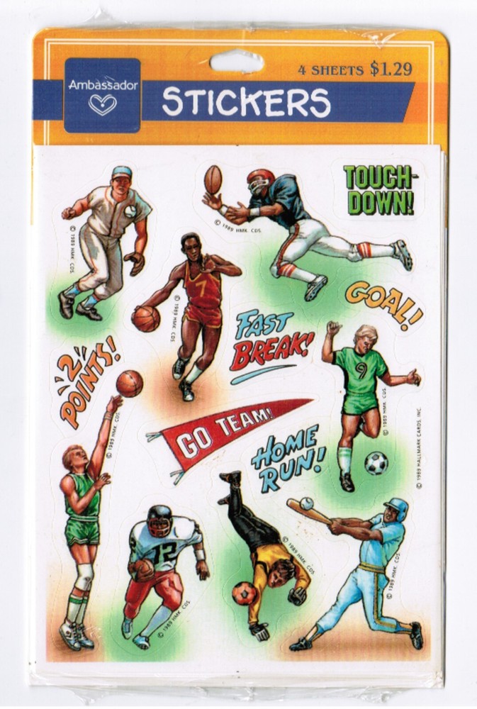 Vintage Hallmark 1989 Stickers SPORTS Baseball Football NEW pack 4 Sheets
