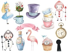 Handmade Set of 12 Watercolor Alice in Wonderland STICKERS – Just Cut & Use!