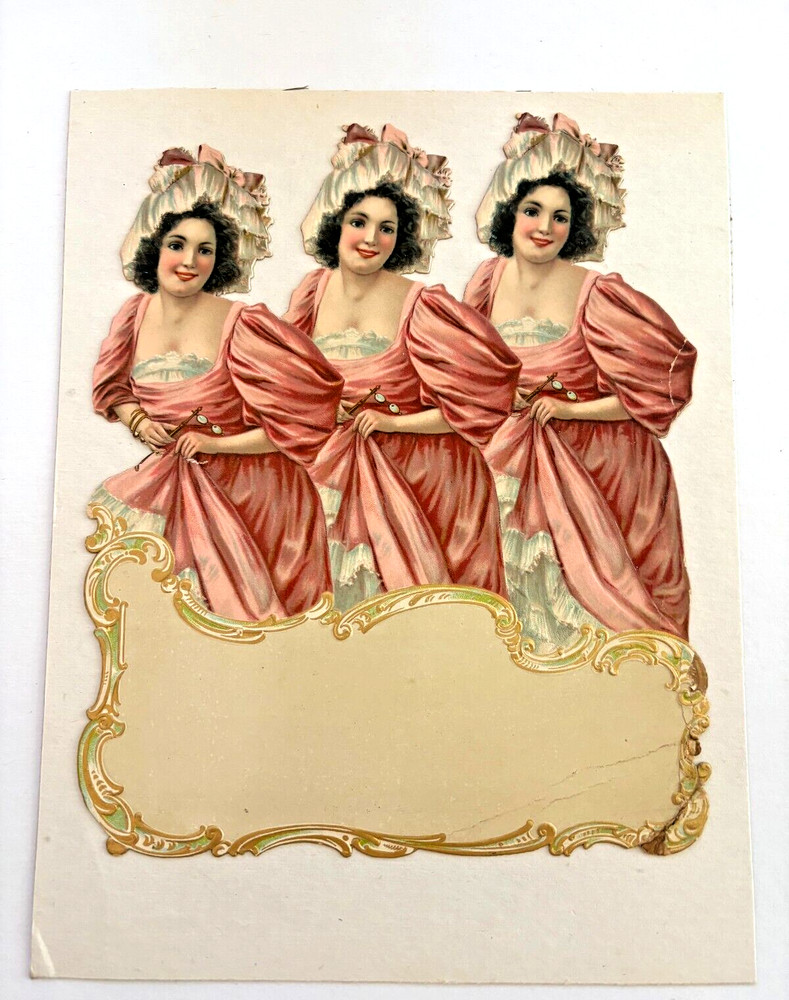 Stunning Vintage Die Cut of Triple Woman Wearing 1800’s Pink Dress w/ Gold *