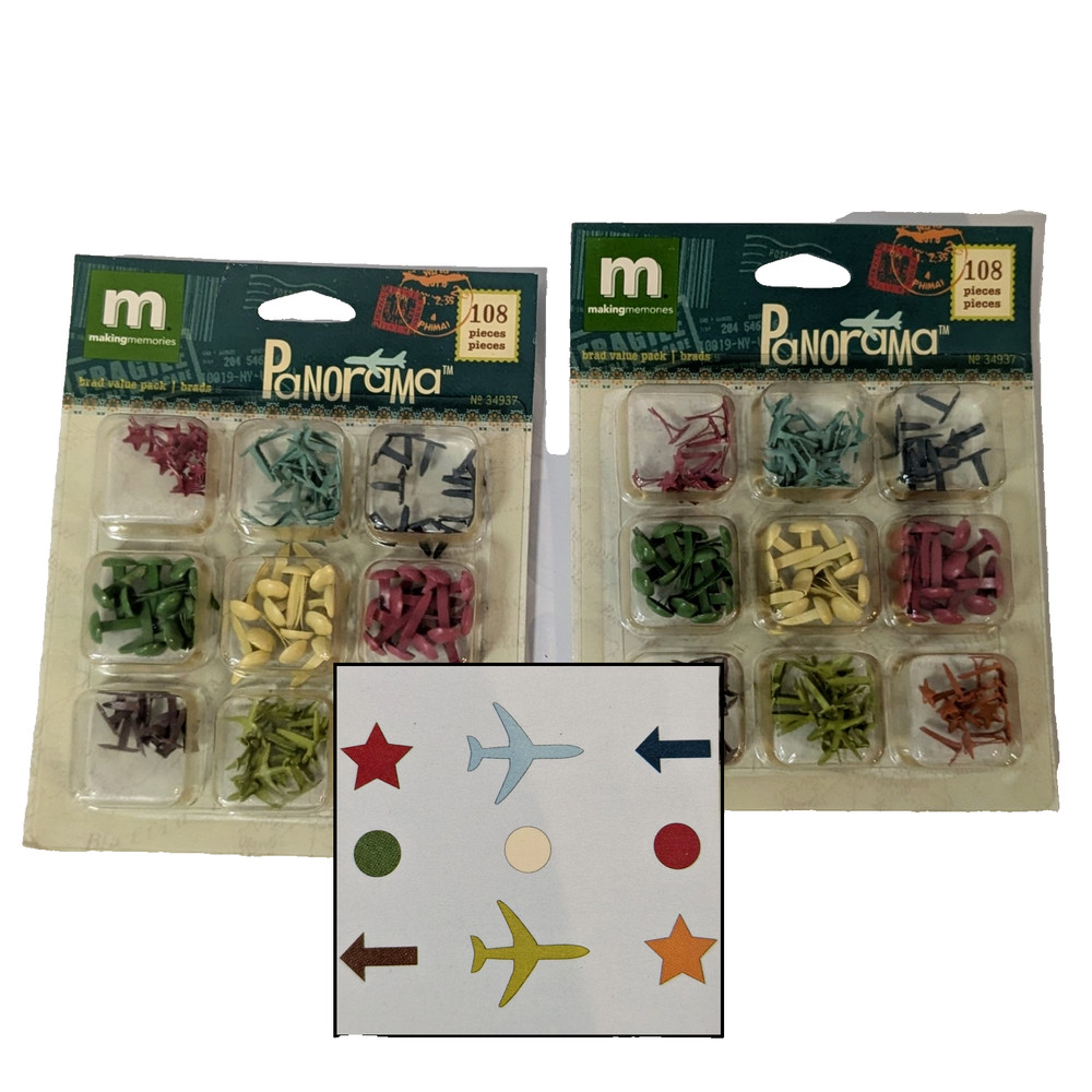 Making Memories Panorama Brads 2 Pack, 108 Pc Each, 9 Brad Styles Airplane Arrow