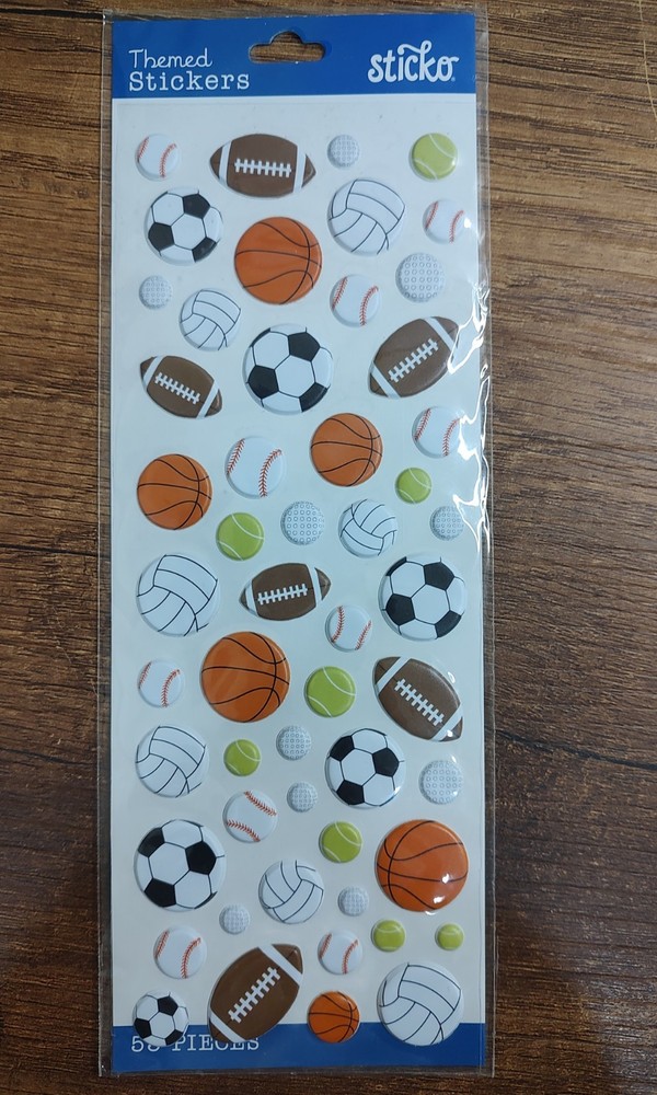 Sticko Themed Stickers Sports Balls 53 Pcs Puffy Assorted Colors Tennis Soccer