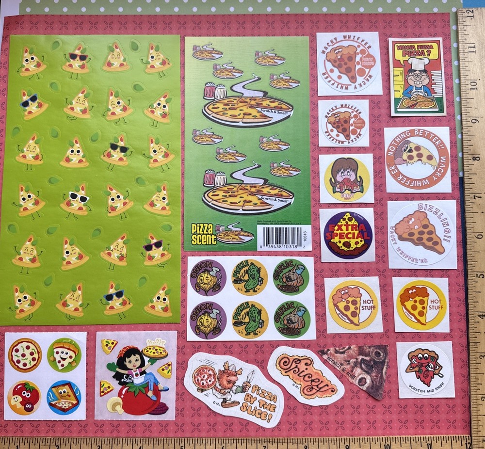 vintage 80s 90s + scratch & sniff PIZZA Stickers Sandylion Mark 1 Trend CTP Lot