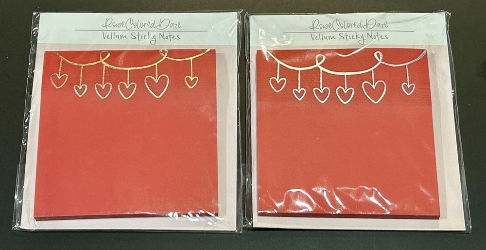 Set of 2 Rose Colored Daze Red Gold & Silver Hearts Vellum Sticky Notes Rare