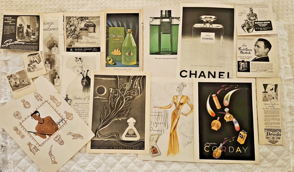 LOT 25 PERFUME COLOGNE BEAUTY Ephemera Pack Print Ads Junk Journal Chanel Arden