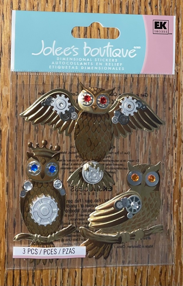 RARE Jolees ~ Steampunk Owls ~ On Branches With Gem Eyes Card Scrapbook Stickers